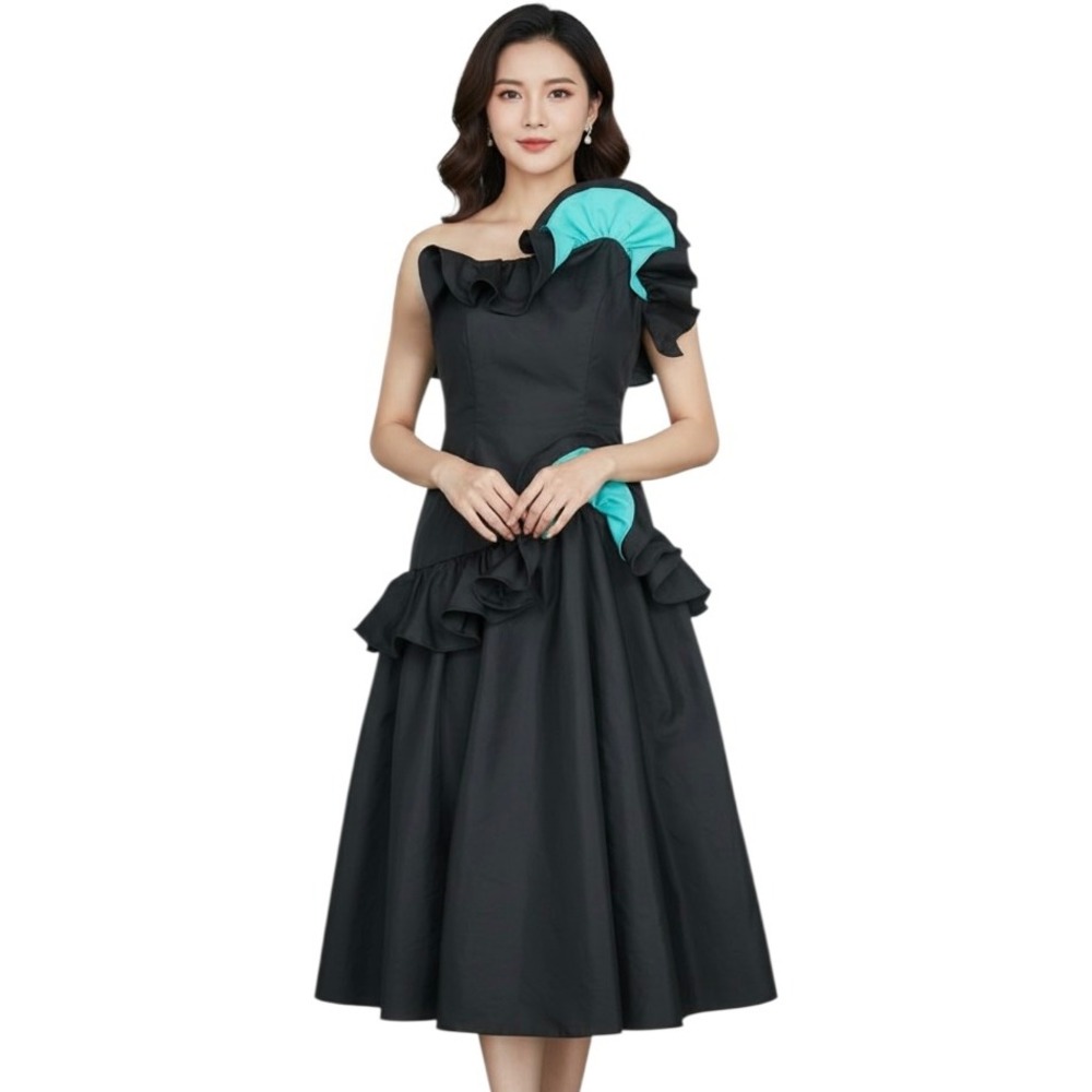 Vtg Mike Benet Black/Aqua TAFFETA 1-Shoulder RUFFLE Prom/Party Dress (8) XXS